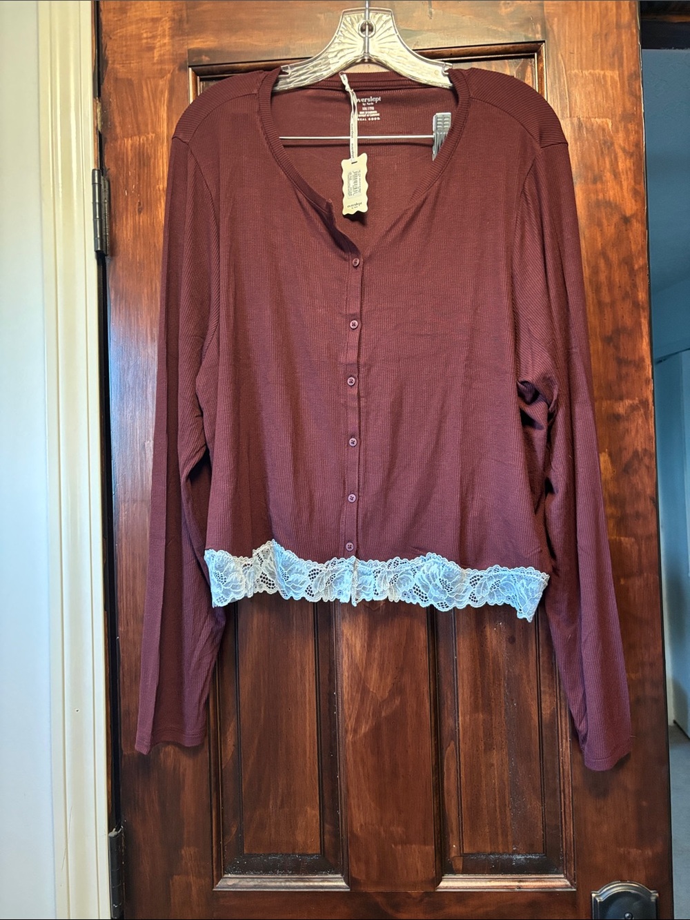 aerie Burgundy Button-Front Top with White Lace Trim